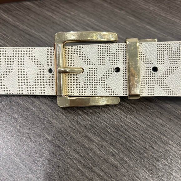 Michael Kors White and Brown Monogram Leather Gold Buckle Belt main image 7